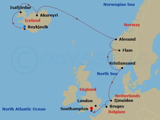 10 Night - Europe - Iceland - Norwegian Prima - Starting in Reykjavik, Iceland, Isafjordur, Iceland, Akureyri, Iceland, Alesund, Norway, Flam, Norway, Kristiansand, Norway, Amsterdam / Ijmuiden, Netherlands, Zeebrugge / Brussels / Brugge, Belgium, London (Southampton), United Kingdom itinerary map