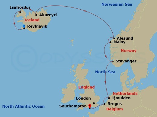 10 Night - Europe - Iceland - Norwegian Prima - Starting in Reykjavik, Iceland, Isafjordur, Iceland, Akureyri, Iceland, Alesund, Norway, Maloy, Norway, Stavanger, Norway, Amsterdam / Ijmuiden, Netherlands, Zeebrugge / Brussels / Brugge, Belgium, London (Southampton), United Kingdom itinerary map