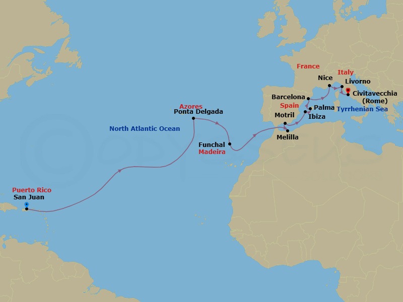 17 Night - Repo - Transatlantic - Norwegian Prima - Starting in San Juan, Pr, Ponta Delgada, Portugal, Funchal, Portugal, Melilla, Spain, Motril, Spain, Ibiza, Spain, Palma Majorca, Spain, Barcelona, Spain, Nice / Monaco (Villefranche), France, Livorno / Florence / Pisa, Italy, Civitavecchia Rome, Italy itinerary map