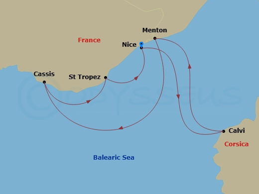 5 Night - Corsica and the French Riviera - Le Bougainville - Starting in Nice, Calvi, Corsica, Menton, Cassis, Saint-Tropez, Nice itinerary map