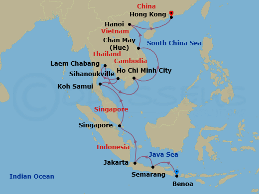 16 Night - Emerald Shores - Oceania Vista - Starting in Bali (Benoa), Semarang (Java), Jakarta, Singapore, Ko Samui, Sihanoukville, Laem Chabang, Ho Chi Minh City (Phu My), Hue (Chan May), Hanoi (Ha Long Bay), Hong Kong itinerary map