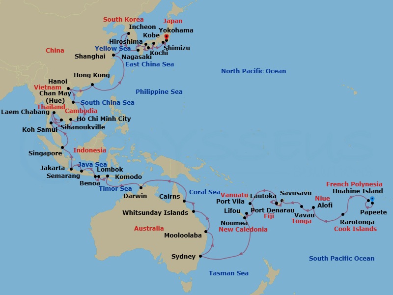 62 Night - Atolls to Eastern Empires - Oceania Vista - Starting in Papeete (Tahiti), Huahine, Rarotonga, Alofi, Crossing the International Date Line, Vavau (Neiafu), Savusavu, Port Denarau, Lautoka, Port Vila (Efate), Lifou Island, Noumea, Sydney AU, Mooloolaba, Whitsunday Island (Airlie Beach), Cairns, Darwin, Komodo, Lombok (Lembar), Bali (Benoa), Semarang (Java), Jakarta, Singapore, Ko Samui, Sihanoukville, Laem Chabang, Ho Chi Minh City (Phu My), Hue (Chan May), Hanoi (Ha Long Bay), Hong Kong, Shanghai, Seoul (Incheon), Nagasaki, Hiroshima, Kochi, Kyoto (Kobe), Shimizu, Tokyo (Yokohama) itinerary map