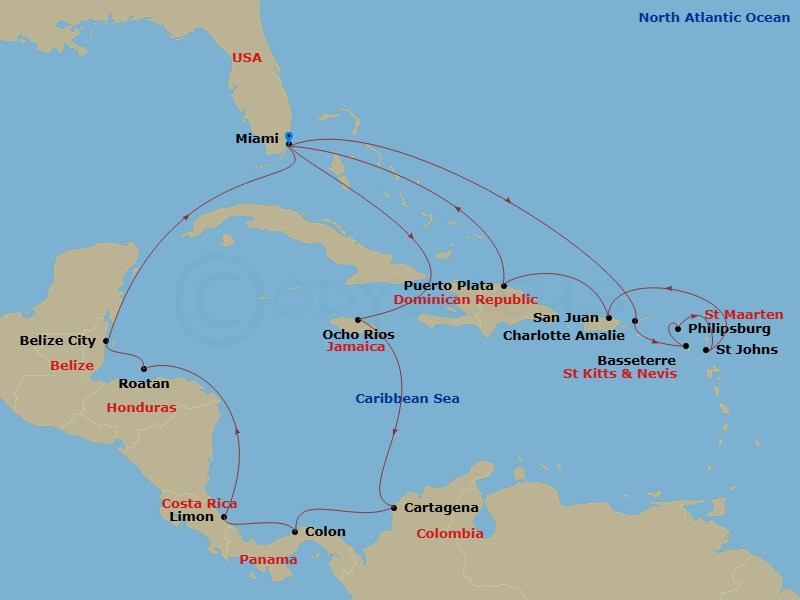 21 Night - Caribbean and Antilles - MSC Poesia - Starting in Miami, Florida, Charlotte Amalie (St Thomas) Virgin Islands, Basseterre, St Kitts and Nevis, Philipsburg, St Maarten, St Johns AG, Antigua, San Juan Porto Rico, Puerto Plata, Dominican Republic, Miami, Florida, Ocho Rios, Jamaica, Cartagena CO, Colon, Panama, Puerto Limon, Costa Rica, Roatan Island, Honduras, Belize City, Belize, Miami, Florida itinerary map