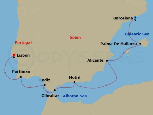 10 Night - Explore Barcelona Pre Cruisetour - Norwegian Dawn Tours - Starting in At Hotel, Barcelona, Spain, Palma Majorca, Spain, Alicante, Spain, Motril, Spain, Gibraltar, Cadiz / Seville, Spain, Portimao, Portugal, Lisbon, Portugal itinerary map