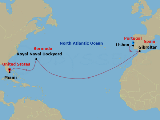 13 Night - Lisbon to Miami - Silver Ray - Starting in Lisbon, Gibraltar, Royal Naval Dockyard, Bermuda, Miami, Fl itinerary map