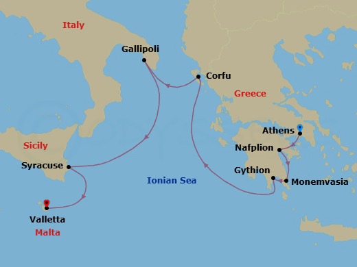 7 Night - Ancient Cities of the Mediterranean - Le Dumont-d'Urville - Starting in Athens, Nafplion, Monemvasia, Gythio, Corfu, Gallipoli, Syracuse IT, Sicily, Valletta itinerary map