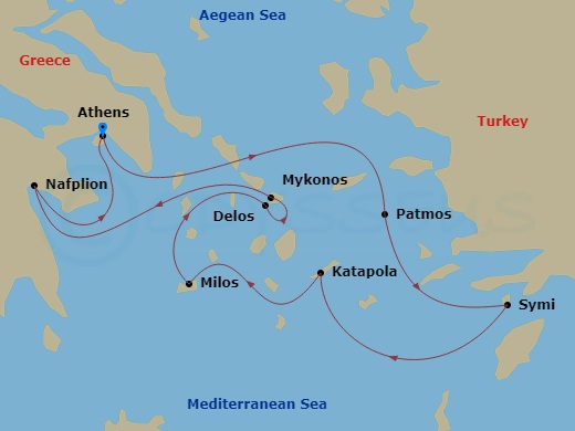 7 Night - Cruising the Greek Islands of the Southern Aegean - with Smithsonian Journeys - Le Bougainville - Starting in Athens, Patmos, Symi, Amorgos, Sailing in the Santorini Caldera, Adamas, Milos, Delos, Mykonos, Nafplion, Athens itinerary map