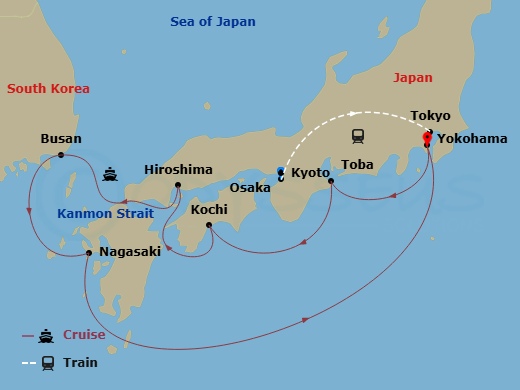 14 Night - Highlights of Japan - Tour 3D - Diamond Princess Tours - Starting in Kyoto, Japan, Tokyo, Japan, Tokyo (Yokohama), Japan, Toba, Japan, Osaka (for Kyoto), Japan, Kochi, Japan, Hiroshima, Japan, Kanmon Straits, Japan, Busan, South Korea, Nagasaki, Japan, Tokyo (Yokohama), Japan itinerary map