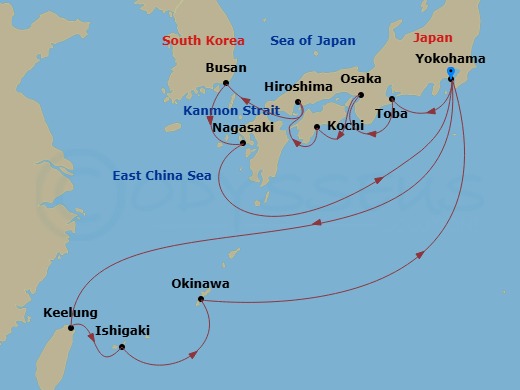 18 Night - Grand Japan with Okinawa & Taiwan - Diamond Princess - Starting in Tokyo (Yokohama), Japan, Taipei (Keelung), Ishigaki, Japan, Okinawa, Japan, Tokyo (Yokohama), Japan, Toba, Japan, Osaka (for Kyoto), Japan, Kochi, Japan, Hiroshima, Japan, Kanmon Straits, Japan, Busan, South Korea, Nagasaki, Japan, Tokyo (Yokohama), Japan itinerary map