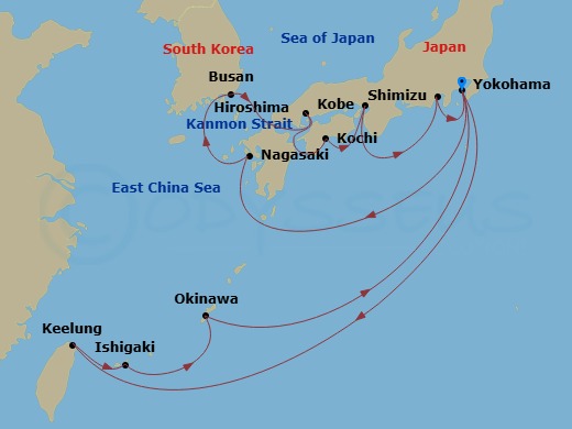 18 Night - Grand Japan with Okinawa & Taiwan - Diamond Princess - Starting in Tokyo (Yokohama), Japan, Nagasaki, Japan, Busan, South Korea, Kanmon Straits, Japan, Hiroshima, Japan, Kochi, Japan, Kobe (for Kyoto), Japan, Shimizu (for Mount Fuji), Japan, Tokyo (Yokohama), Japan, Taipei (Keelung), Ishigaki, Japan, Okinawa, Japan, Tokyo (Yokohama), Japan itinerary map
