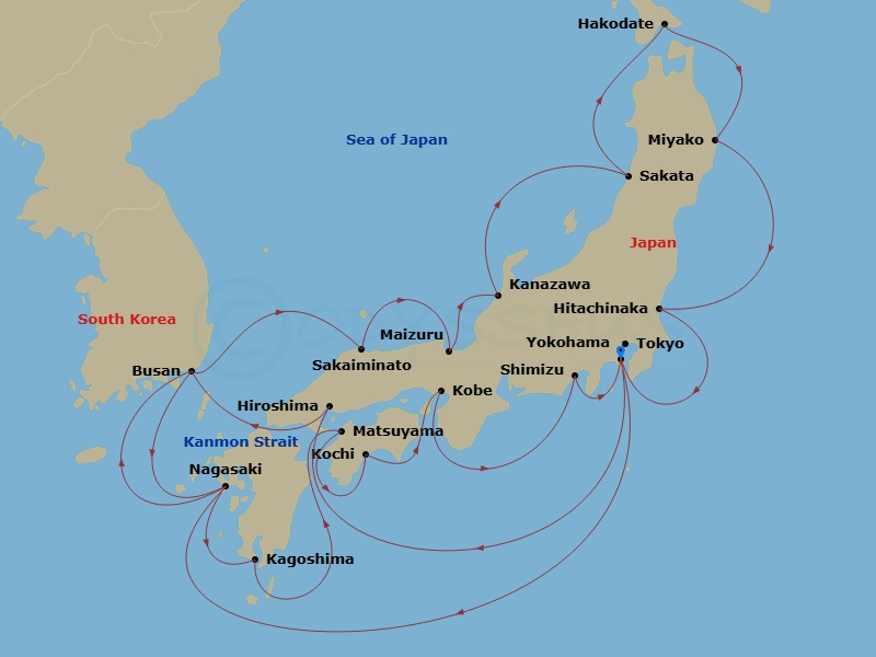 22 Night - Grand Circle Japan Spring Flowers - Diamond Princess - Starting in Tokyo (Yokohama), Japan, Hiroshima, Japan, Kanmon Straits, Japan, Busan, South Korea, Nagasaki, Japan, Kagoshima, Japan, Matsuyama, Japan, Kochi, Japan, Kobe (for Kyoto), Japan, Shimizu (for Mount Fuji), Japan, Tokyo (Yokohama), Japan, Nagasaki, Japan, Busan, South Korea, Sakaiminato, Japan, Maizuru, Japan, Kanazawa, Japan, Sakata, Japan, Hakodate, Japan, Miyako, Japan, Hitachinaka (for Nikko), Japan, Tokyo (Yokohama), Japan itinerary map