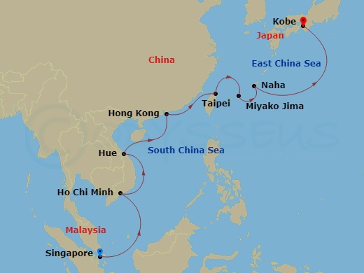 14 Night - Vietnam, China & Japan Cruise : Ho Chi Minh City, Hong Kong & Kobe - Azamara Pursuit - Starting in Singapore, Ho Chi Minh City, Hue (Da Nang), Hong Kong, Taipei (Keelung), Hirara, Miyako Island, Naha, Okinawa, Kobe itinerary map