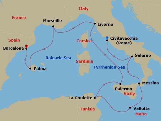 10 Night - Europe - Western Mediterranean - Rome - Norwegian Dawn - Starting in Civitavecchia Rome, Italy, Amalfi Coast (Salerno), Italy, Messina, Italy, Valletta, Malta, La Goulette, Tunisia, Palermo, Sicily, Italy, Livorno / Florence / Pisa, Italy, Provence, Marseille, France, Palma Majorca, Spain, Barcelona, Spain itinerary map