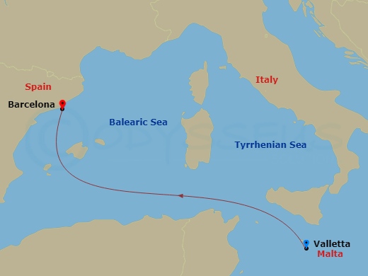 2 Night - Mediterranean - MSC World Europa - Starting in La Valletta, Malta, Barcelona, Spain itinerary map