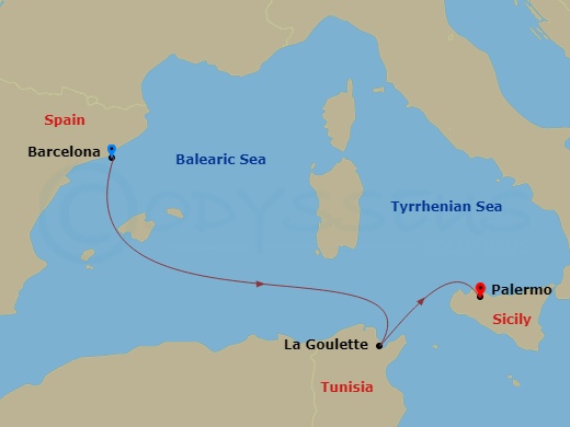 3 Night - Mediterranean - MSC Meraviglia - Starting in Barcelona, Spain, La Goulette, Tunisia, Palermo (Monreale), Italy itinerary map