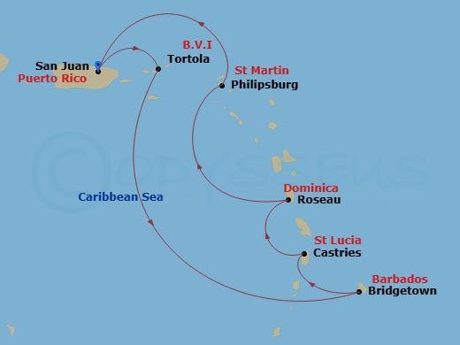 7 Night - Southern Caribbean Cruise - Scarlet Lady - Starting in San Juan, Puerto Rico, Tortola, British Virgin Islands, Bridgetown, Barbados, Castries, Saint Lucia, Roseau, Dominica, Philipsburg, Sint Maarten, San Juan, Puerto Rico itinerary map