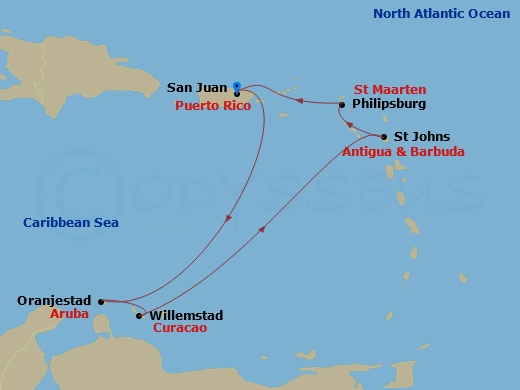 7 Night - Southern Caribbean & Aruban Nights - Scarlet Lady - Starting in San Juan, Puerto Rico, Oranjestad, Aruba, Willemstad AN, Curacao, St Johns AG, Antigua and Barbuda, Philipsburg, Sint Maarten, San Juan, Puerto Rico itinerary map