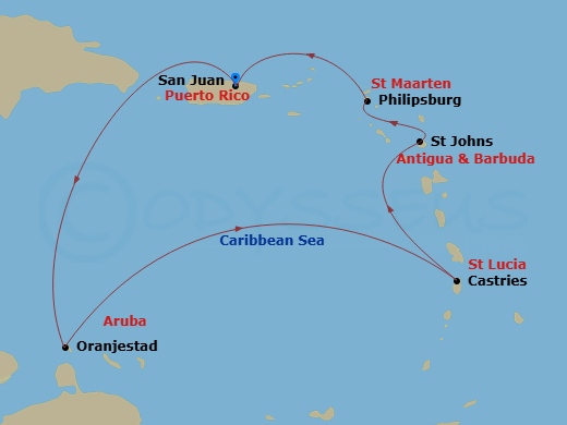 7 Night - Southern Caribbean & Aruban Nights - Scarlet Lady - Starting in San Juan, Puerto Rico, Oranjestad, Aruba, Castries, Saint Lucia, St Johns AG, Antigua and Barbuda, Philipsburg, Sint Maarten, San Juan, Puerto Rico itinerary map