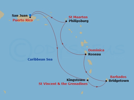 6 Night - Southern Caribbean Cruise - Scarlet Lady - Starting in San Juan, Puerto Rico, Kingstown, Saint Vincent and the Grenadines, Bridgetown, Barbados, Roseau, Dominica, Philipsburg, Sint Maarten, San Juan, Puerto Rico itinerary map