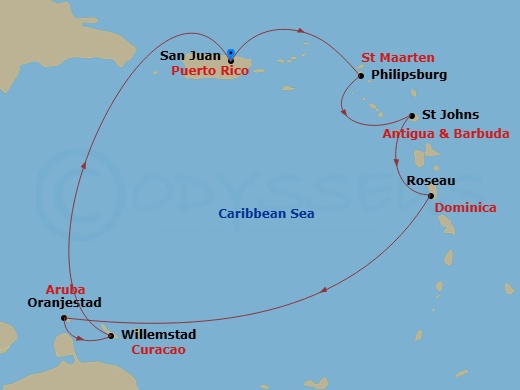 8 Night - Southern Caribbean & Aruban Holidays - Scarlet Lady - Starting in San Juan, Puerto Rico, Philipsburg, Sint Maarten, St Johns AG, Antigua and Barbuda, Roseau, Dominica, Oranjestad, Aruba, Willemstad AN, Curacao, San Juan, Puerto Rico itinerary map