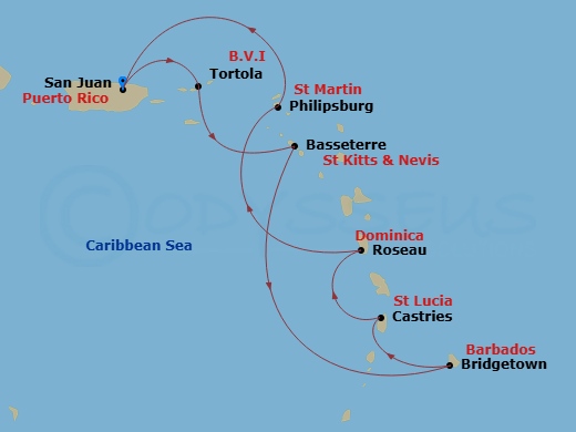 8 Night - Southern Caribbean Cruise - Scarlet Lady - Starting in San Juan, Puerto Rico, Tortola, British Virgin Islands, Basseterre, Saint Kitts and Nevis, Bridgetown, Barbados, Castries, Saint Lucia, Roseau, Dominica, Philipsburg, Sint Maarten, San Juan, Puerto Rico itinerary map