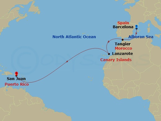 12 Night - Halloween Transatlantic from Spain - Scarlet Lady - Starting in Barcelona, Spain, Tangier, Morocco, Lanzarote, Canary Islands, Spain, San Juan, Puerto Rico itinerary map