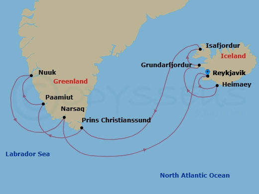 11 Night - Fabulous Fjords - Oceania Marina - Starting in Reykjavik, Heimaey, Grundarfjordur, Isafjordur, Cruising Prince Christian Sound, Paamiut (Frederikshab), Nuuk, Narsaq, Reykjavik itinerary map