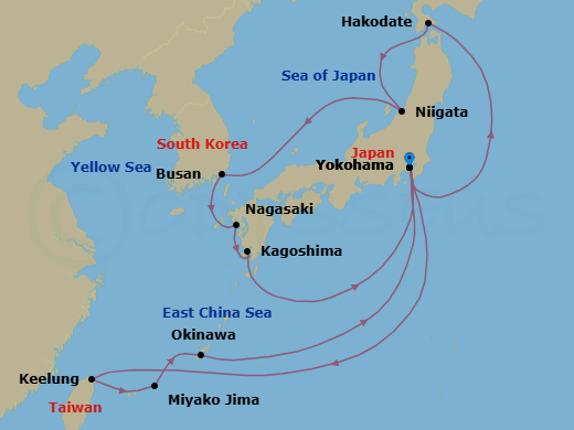 18 Night - Grand Circle Japan with Okinawa & Taiwan - Diamond Princess - Starting in Tokyo (Yokohama), Japan, Taipei (Keelung), Miyakojima, Japan, Okinawa, Japan, Tokyo (Yokohama), Japan, Hakodate, Japan, Niigata, Japan, Busan, South Korea, Nagasaki, Japan, Kagoshima, Japan, Tokyo (Yokohama), Japan itinerary map