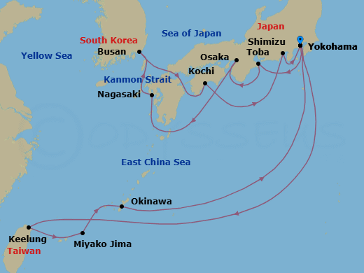 18 Night - Grand Japan with Okinawa & Taiwan - Diamond Princess - Starting in Tokyo (Yokohama), Japan, Toba, Japan, Osaka (for Kyoto), Japan, Nagasaki, Japan, Busan, South Korea, Kochi, Japan, Shimizu (for Mount Fuji), Japan, Tokyo (Yokohama), Japan, Taipei (Keelung), Miyakojima, Japan, Okinawa, Japan, Tokyo (Yokohama), Japan itinerary map