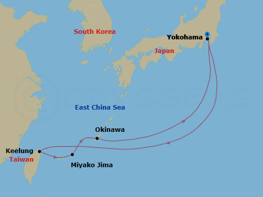 9 Night - Okinawa & Taiwan - Diamond Princess - Starting in Tokyo (Yokohama), Japan, Taipei (Keelung), Miyakojima, Japan, Okinawa, Japan, Tokyo (Yokohama), Japan itinerary map