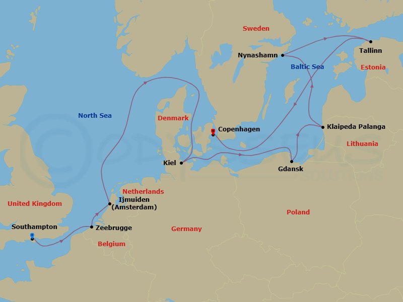 11 Night - Europe - Baltic - Norwegian Prima - Starting in London (Southampton), United Kingdom, Zeebrugge / Brussels / Brugge, Belgium, Amsterdam / Ijmuiden, Netherlands, Hamburg (Kiel), Germany, Gdynia / Gdansk, Poland, Klaipeda, Lithuania, Nynashamn / Stockholm, Sweden, Tallinn, Estonia, Copenhagen, Denmark itinerary map