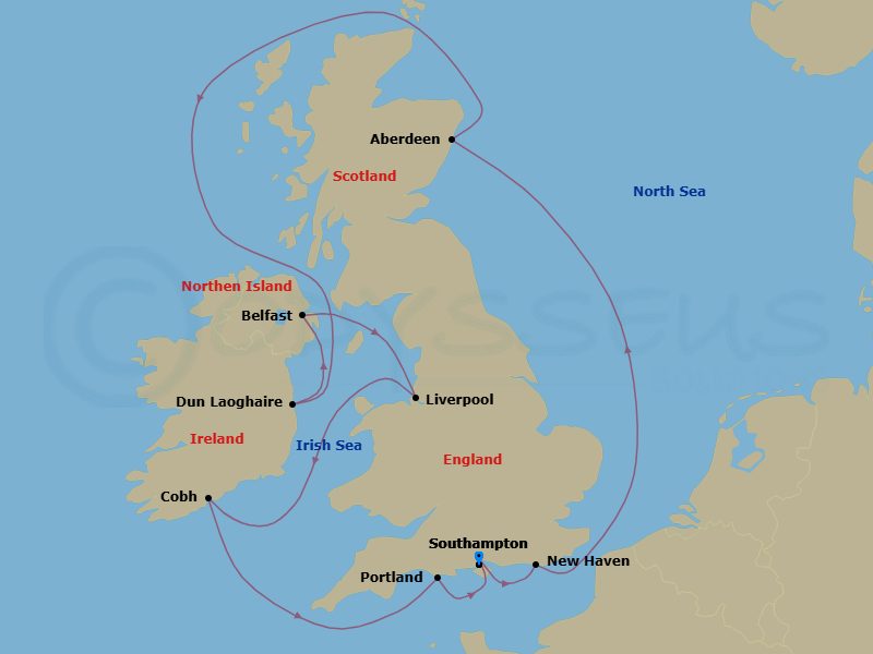 10 Night - Europe - British Isles - Norwegian Star - Starting in London (Southampton), United Kingdom, Edinburgh (Newhaven), Scotland, United Kingdom, Aberdeen, United Kingdom, Dublin / Dun Laoghaire, Ireland, Belfast, Northern Ireland, United Kingdom, Liverpool, England, United Kingdom, Cork / Cobh, Ireland, Portland UK, London (Southampton), United Kingdom itinerary map