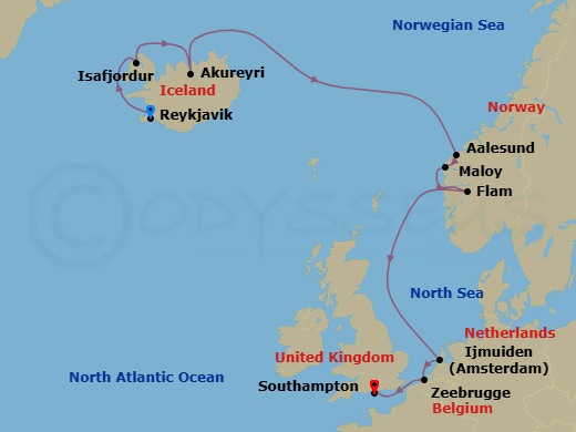 10 Night - Europe - Iceland - Norwegian Prima - Starting in Reykjavik, Iceland, Isafjordur, Iceland, Akureyri, Iceland, Alesund, Norway, Maloy, Norway, Flam, Norway, Amsterdam / Ijmuiden, Netherlands, Zeebrugge / Brussels / Brugge, Belgium, London (Southampton), United Kingdom itinerary map