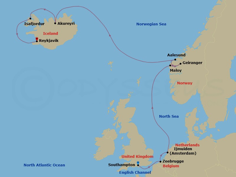 11 Night - Europe - Iceland - Norwegian Prima - Starting in London (Southampton), United Kingdom, Zeebrugge / Brussels / Brugge, Belgium, Amsterdam / Ijmuiden, Netherlands, Maloy, Norway, Geiranger, Norway, Alesund, Norway, Akureyri, Iceland, Isafjordur, Iceland, Reykjavik, Iceland itinerary map