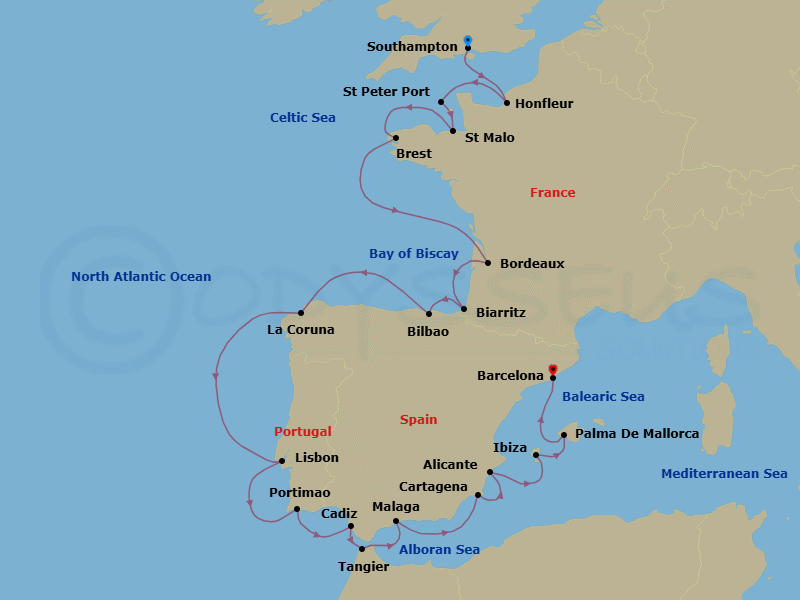 23 Night - Cathedrals to Castanets - Seven Seas Mariner - Starting in London (Southampton), Paris (Honfleur), St Peter Port, Guernsey, Saint-malo, Brest, Cruising the Bay of Biscay, Bordeaux, Biarritz (Saint-Jean-De-Luz), Bilbao, La Coruna, Cruising the Atlantic Ocean, Lisbon, Portimao, Cadiz, Tangier, Malaga, Cruising the Mediterranean Sea, Cartagena ES, Alicante, Ibiza, Palma De Mallorca, Cruising the Mediterranean Sea, Barcelona itinerary map