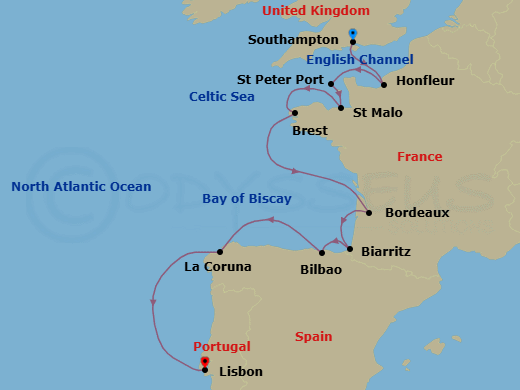 12 Night - Wines, Beaches & Flamenco - Seven Seas Mariner - Starting in London (Southampton), Paris (Honfleur), St Peter Port, Guernsey, Saint-malo, Brest, Cruising the Bay of Biscay, Bordeaux, Biarritz (Saint-Jean-De-Luz), Bilbao, La Coruna, Cruising the Atlantic Ocean, Lisbon itinerary map