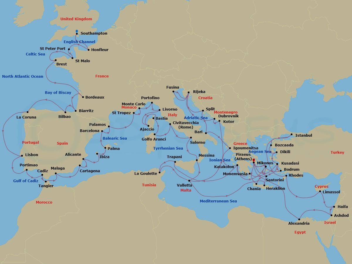82 Night - Grand Mediterranean Odyssey - Seven Seas Mariner - Starting in London (Southampton), Paris (Honfleur), St Peter Port, Guernsey, Saint-malo, Brest, Cruising the Bay of Biscay, Bordeaux, Biarritz (Saint-Jean-De-Luz), Bilbao, La Coruna, Cruising the Atlantic Ocean, Lisbon, Portimao, Cadiz, Tangier, Malaga, Cruising the Mediterranean Sea, Cartagena ES, Alicante, Ibiza, Palma De Mallorca, Cruising the Mediterranean Sea, Barcelona, Palamos, Cruising the Mediterranean Sea, Saint-Tropez, Monte Carlo, Portofino, Tuscany (Livorno), Ajaccio (Corsica), Bastia (Corsica), Cruising the Mediterranean, Golfo Aranci (Sardinia), Rome (Civitavecchia), Salerno, Messina (Sicily), Valletta, Cruising the Ionian Sea, Kotor, Dubrovnik, Croatia, Rijeka, Venice (Fusina), Cruising the Adriatic Sea, Rijeka, Split, Bari, Igoumenitsa, Katakolon, Cruising the Mediterranean Sea, Monemvasia, Mykonos, Athens (Piraeus), Chania (Crete), Santorini, Mykonos, Cruising the Aegean Sea, Bodrum, Kusadasi, Dikili, Bozcaada, Istanbul, Cruising the Aegean Sea, Rhodes, Limassol, Jerusalem (Haifa), Jerusalem (Ashdod), Cruising the Mediterranean Sea, Alexandria EG, Cruising the Mediterranean Sea, Athens (Piraeus), Mykonos, Katakolon, Cruising the Mediterranean Sea, Trapani (Sicily), La Goulette, Valletta, Cruising the Mediterranean Sea, Heraklion (Crete), Kusadasi, Athens (Piraeus) itinerary map