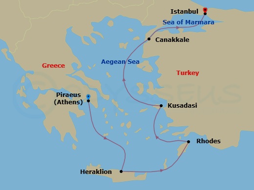 7 Night - Ancient Mediterranean Treasures - Viking Vesta - Starting in Athens (Piraeus), Athens, Crete (Heraklion), Rhodes, Ephesus (Kusadasi), Troy (Canakkale), Istanbul itinerary map