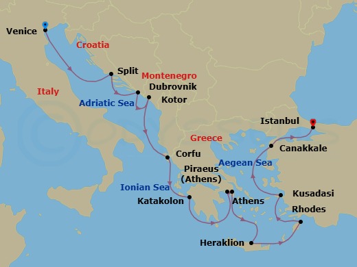 14 Night - Ancient Adriatic Treasures - Viking Vesta - Starting in Venice, Split, Dubrovnik, Croatia, Kotor, Corfu (Kerkyra), Katakolon (Olympia), Athens (Piraeus), Athens, Crete (Heraklion), Rhodes, Ephesus (Kusadasi), Troy (Canakkale), Istanbul itinerary map