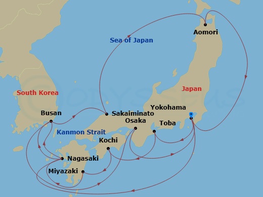 17 Night - Grand Circle Japan - Diamond Princess - Starting in Tokyo (Yokohama), Japan, Toba, Japan, Kochi, Japan, Miyazaki (Aburatsu), Japan, Nagasaki, Japan, Busan, South Korea, Kanmon Straits, Japan, Osaka (for Kyoto), Japan, Tokyo (Yokohama), Japan, Nagasaki, Japan, Busan, South Korea, Sakaiminato, Japan, Aomori, Japan, Tokyo (Yokohama), Japan itinerary map