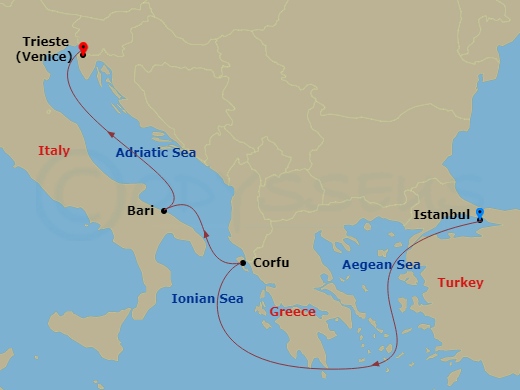 4 Night - Mediterranean - MSC Splendida - Starting in Istanbul, Turkey, Corfu, Greece, Bari, Italy, Trieste (Venice), Italy itinerary map