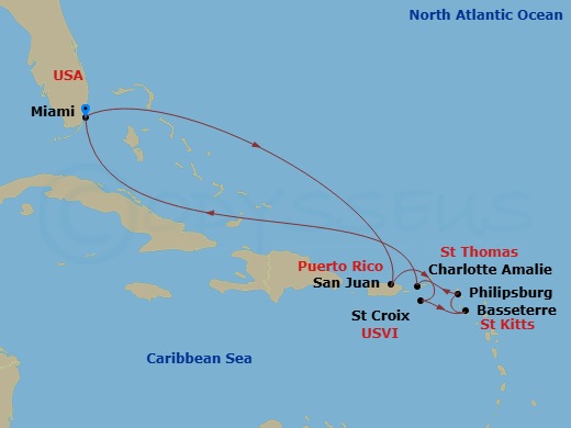 10 Night - Carnival Journeys - Eastern Caribb - Carnival Firenze - Starting in Miami, Fl, San Juan, Puerto Rico, St Croix, US Virgin Islands, St Kitts, Wi, St Maarten, Na, St Thomas, US Virgin Islands, Miami, Fl itinerary map