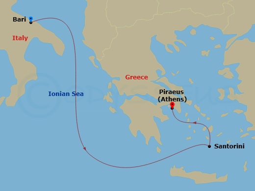 3 Night - Mediterranean - MSC Sinfonia - Starting in Bari, Italy, Santorini, Greece, Piraeus (Athens), Greece itinerary map