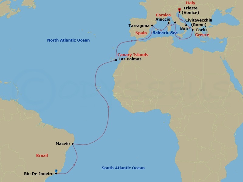 19 Night - Msc Grand Voyages - MSC Splendida - Starting in Rio De Janeiro, Brazil, Maceio, Brazil, Las Palmas de Gran Canaria (Canary Islands), Spain, Tarragona, Spain, Ajaccio (Corsica), France, Civitavecchia (Rome), Italy, Corfu, Greece, Bari, Italy, Trieste (Venice), Italy itinerary map