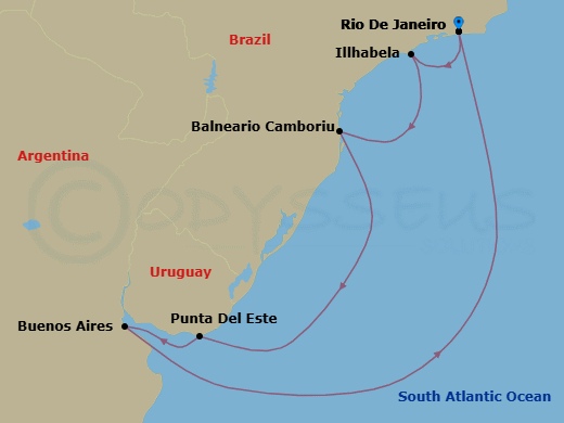 8 Night - South America - MSC Splendida - Starting in Rio De Janeiro, Brazil, Ilhabela, Brazil, Camboriu, Brazil, Punta Del Este, Uruguay, Buenos Aires, Argentina, Rio De Janeiro, Brazil itinerary map