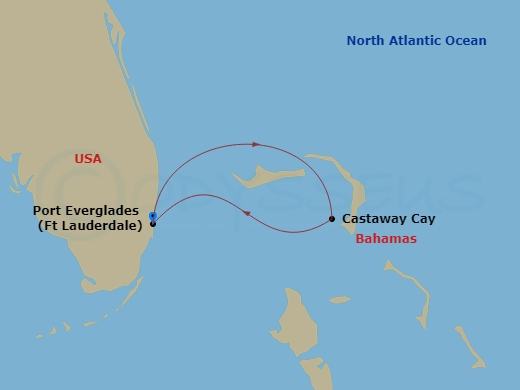 3 Night - Bahamian Cruise from Fort Lauderdale - Disney Destiny - Starting in Port Everglades, Castaway Cay, Port Everglades itinerary map
