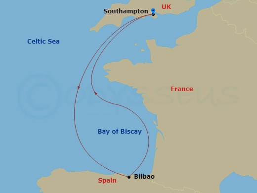 4 Night - Spain Cruise from Southampton - Disney Wish - Starting in Southampton, Bilbao, Southampton itinerary map