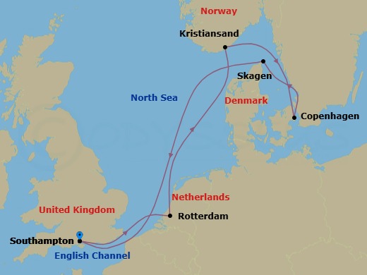 7 Night - Northern Europe Cruise from Southampton - Disney Wish - Starting in Southampton, Rotterdam (Amsterdam), Kristiansand, Copenhagen, Skagen, Southampton itinerary map
