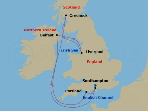 7 Night - British Isles Cruise from Southampton - Disney Wish - Starting in Southampton, Greenock, Liverpool, Belfast, Northern Ireland, Portland UK, Southampton itinerary map