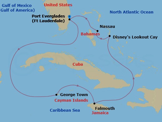 7 Night - Western Caribbean Cruise from Fort Lauderdale - Disney Destiny - Starting in Port Everglades, George Town, Grand Cayman, Falmouth, Disney Lookout Cay, Nassau, Port Everglades itinerary map